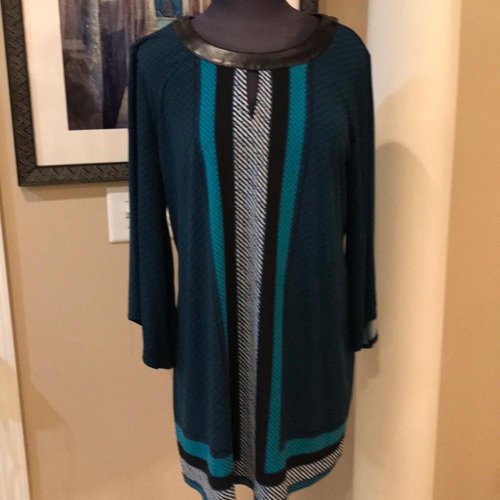 Top or dress. Multi color- leather v neck at top